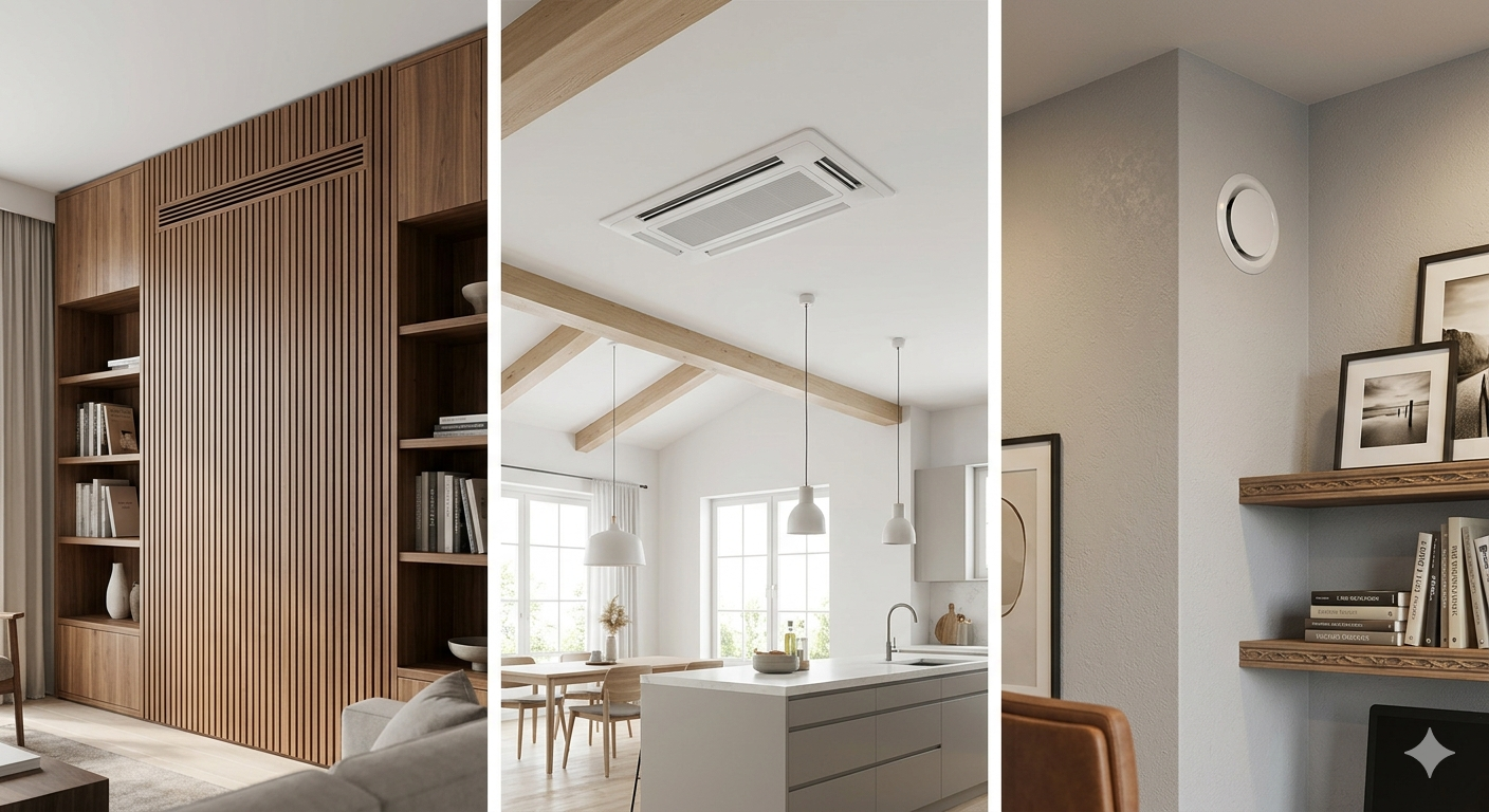 Interior design showcasing three distinct areas: a wooden feature wall with shelves, a bright kitchen with pendant lights, and a gray wall featuring framed pictures and decorative shelves.